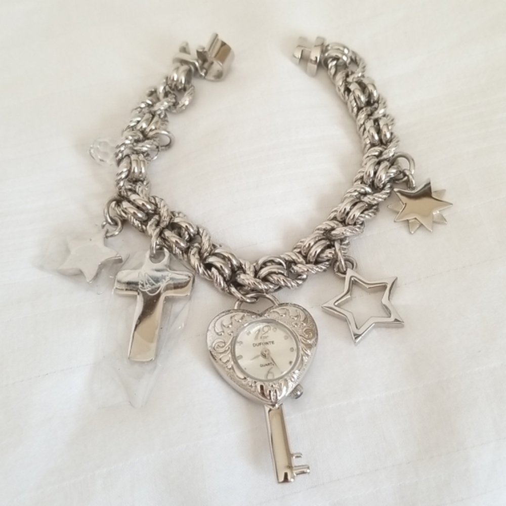 New Dufonte Quartz Silver Charm Bracelet Watch Cross Key Heart Star